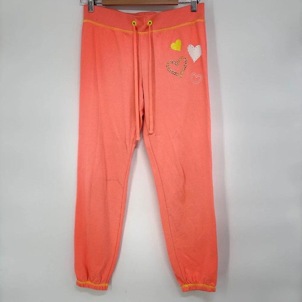 Y2K Hard Candy Coral Pink Heart Graphic Sequin Jogger Sweatpants Small 3-5 Retro